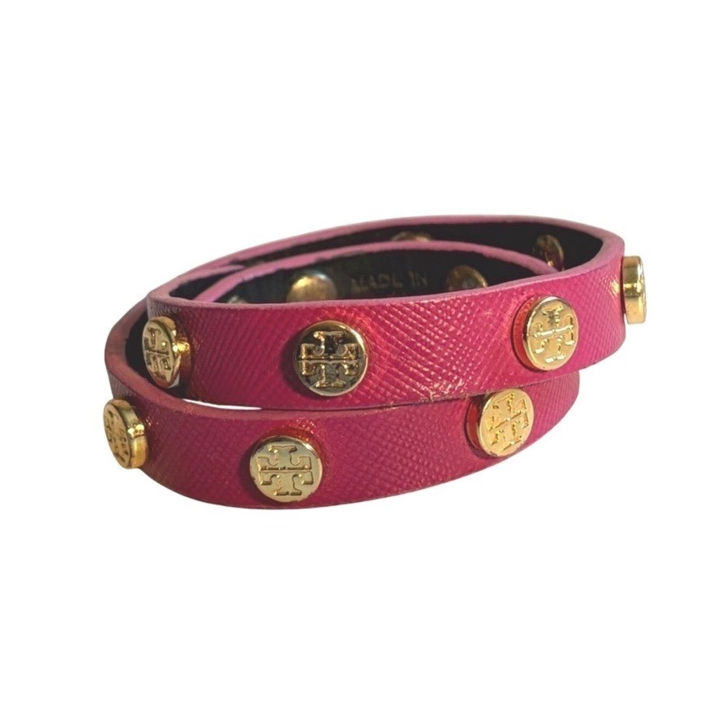 Tory Burch Pink Saffiano Leather Double Wrap Bracelet Gold Logo Studs Adjustable